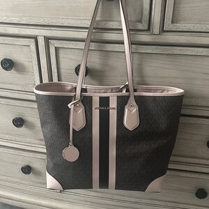 Michael Kors Brown and Pale Pink Signature Stripe Tote with removable small tote